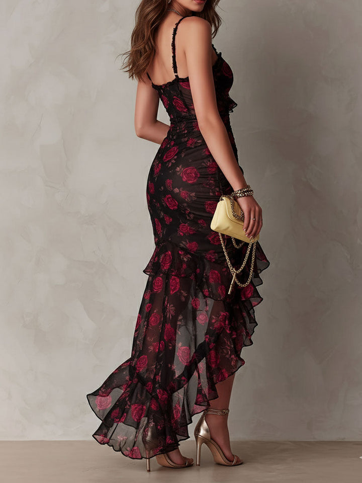 Robe de Soirée Élégante Pour Femme à Fines Bretelles et Volants