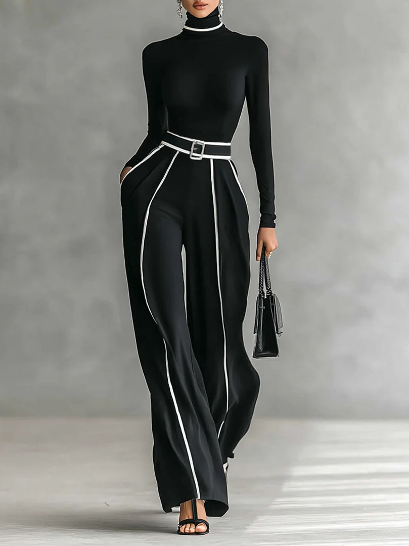 Conjunto feminino com top de gola alta e calças largas