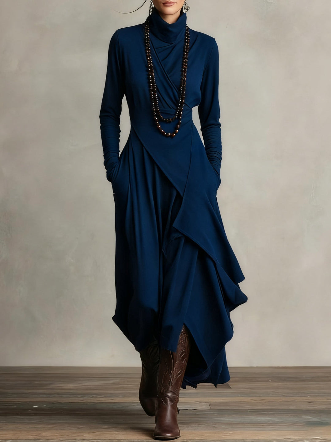 Robe Longue Fluide À Col Roulé Et Manches Longues Pour Femme