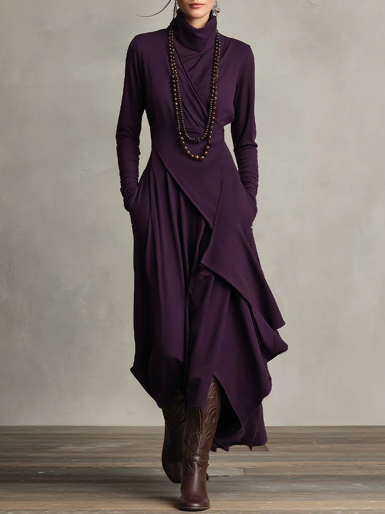 Robe Longue Fluide À Col Roulé Et Manches Longues Pour Femme