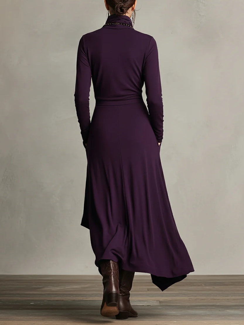 Robe Longue Fluide À Col Roulé Et Manches Longues Pour Femme