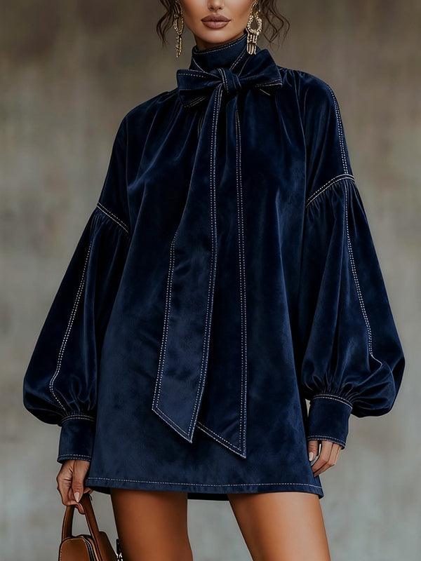 Blue Short Shirt Dress for Women with Tie Collar