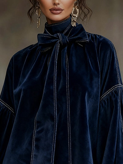 Blue Short Shirt Dress for Women with Tie Collar