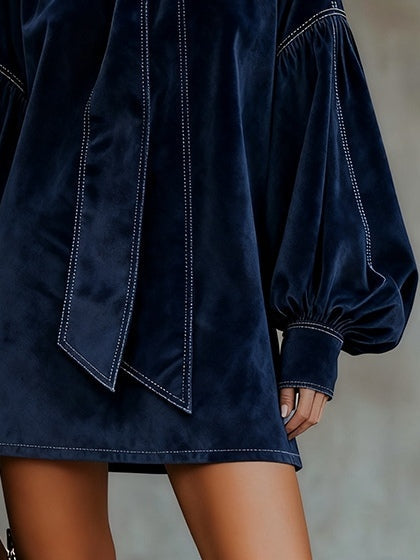 Blue Short Shirt Dress for Women with Tie Collar