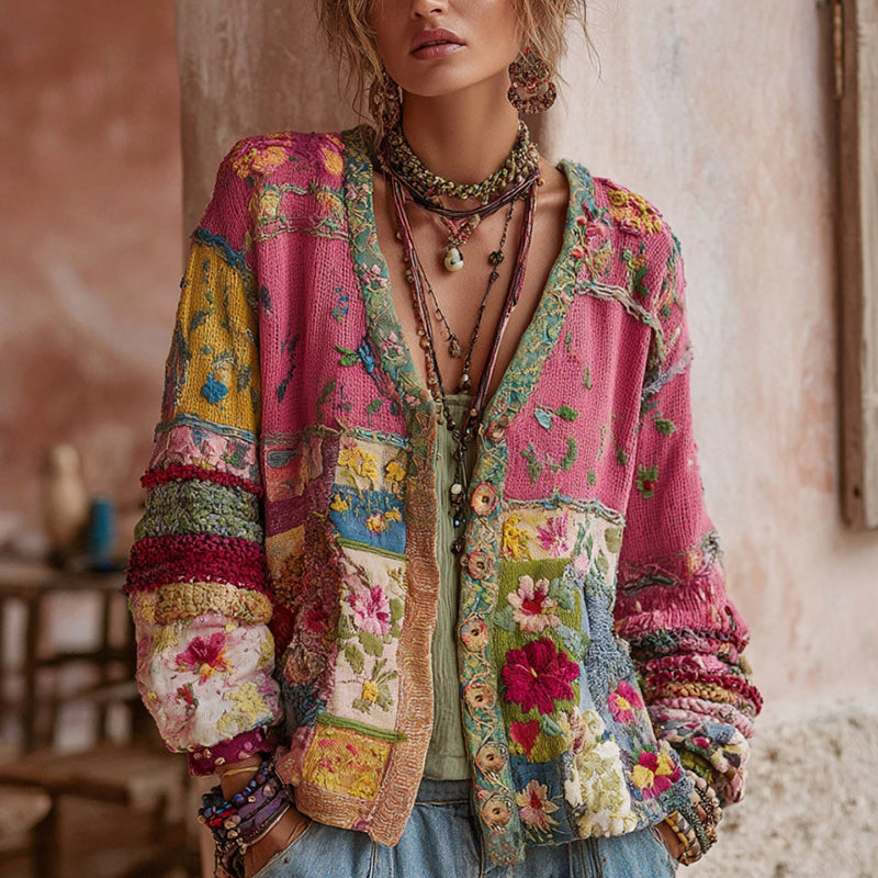 Cardigan Vintage Femme Broderie Florale