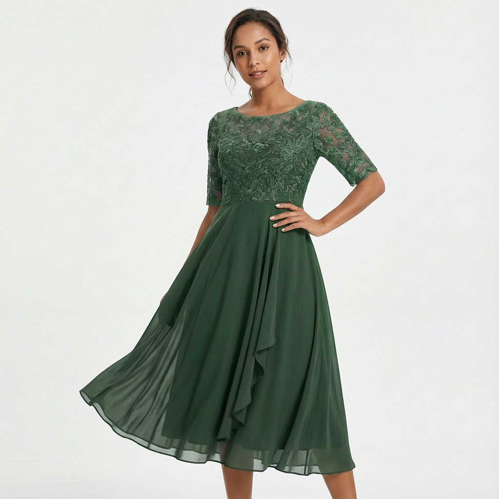 Robe Midi Dentelle Femme Manches Mi-Longues Cérémonie
