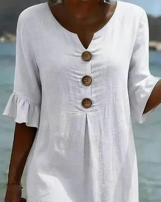 Robe Courte Femme Boutons Décoratifs Manches Volantées