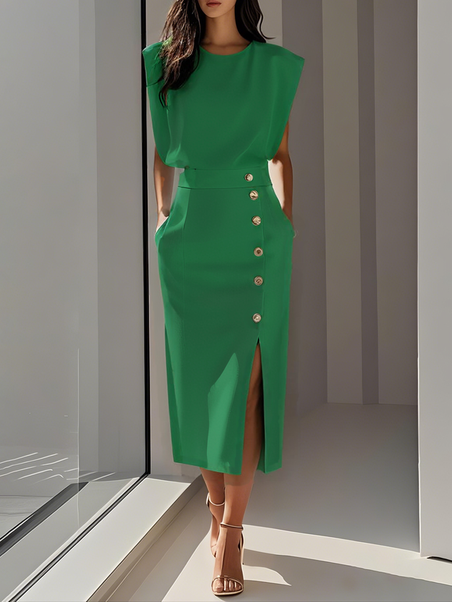 Robe Midi Femme Sans Manches Boutons Décoratifs