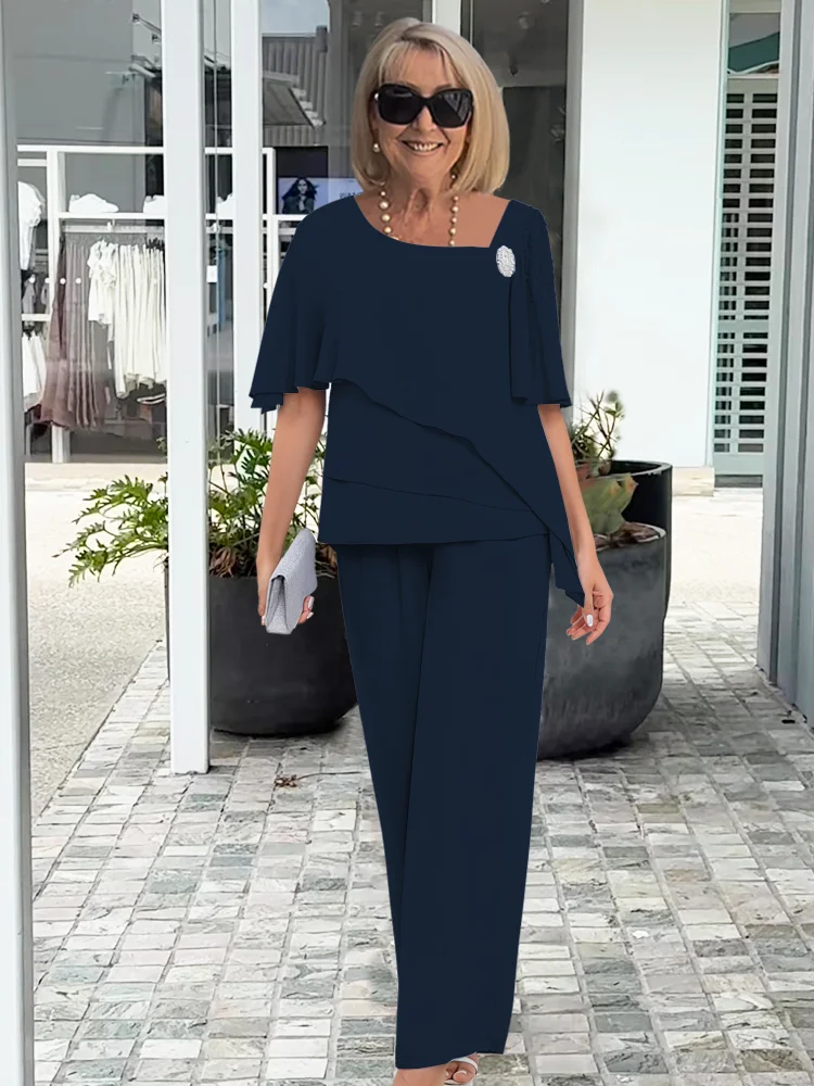 Ensemble Pantalon Femme Top Asymétrique Superposé