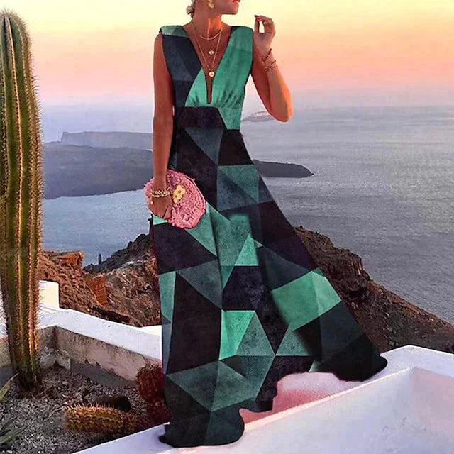 Robe Maxi Imprimée Col V Femme Sans Manches