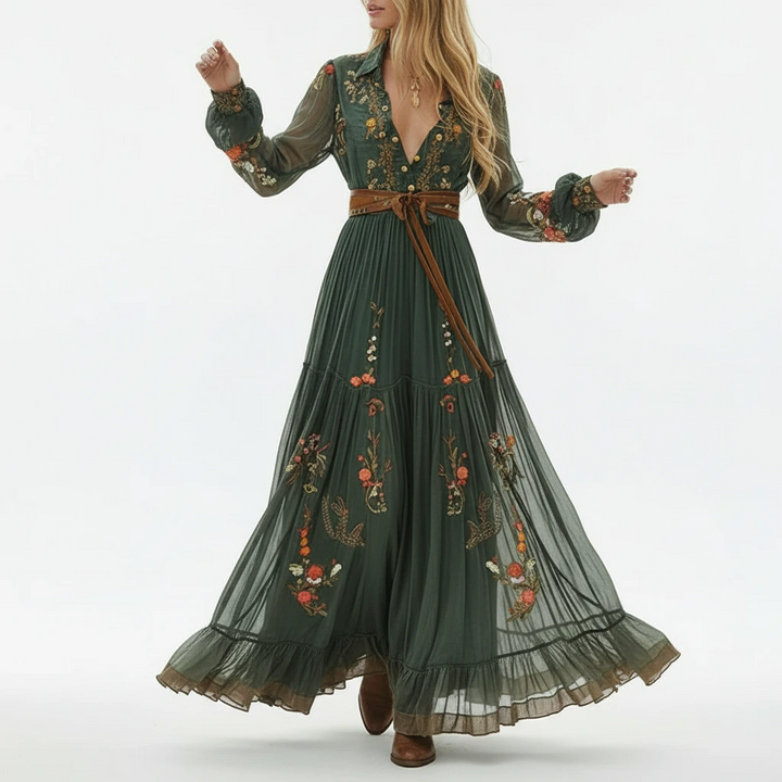 Robe Maxi Bohème Brodée Femme Ceinture Nouable