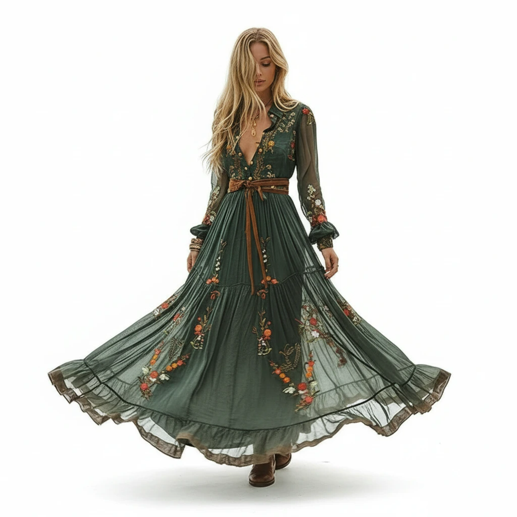 Robe Maxi Bohème Brodée Femme Ceinture Nouable