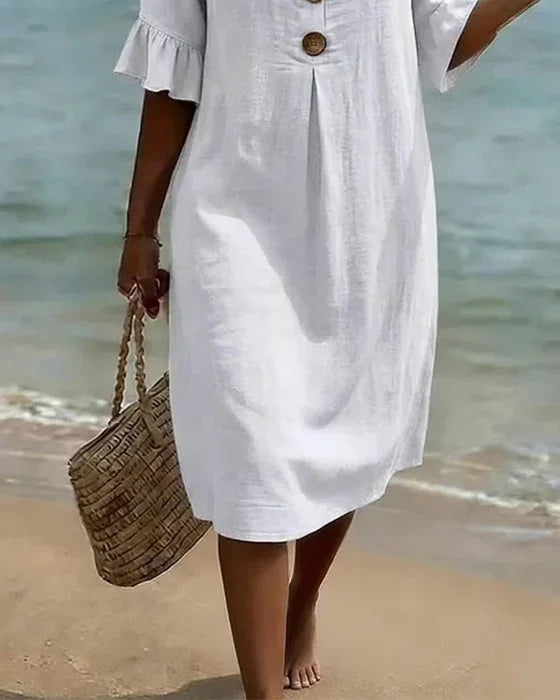 Robe Courte Femme Boutons Décoratifs Manches Volantées