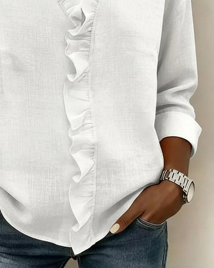 Women's V-neck blouse with ruffles and long sleeves