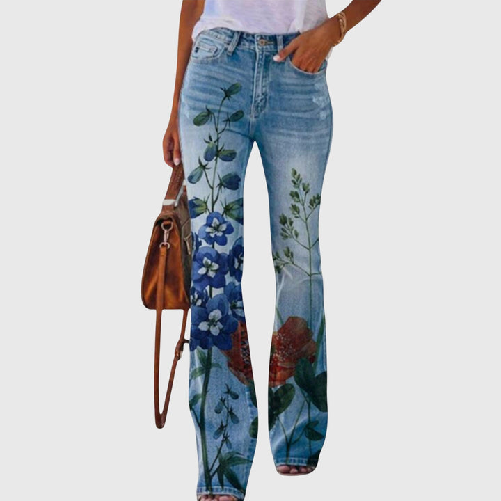 Flared jeans til dame med blomstermønster