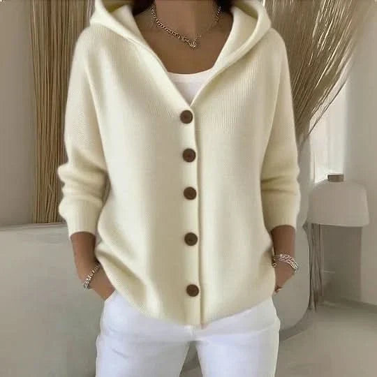 Women's Hooded Knit Cardigan with Front Buttons