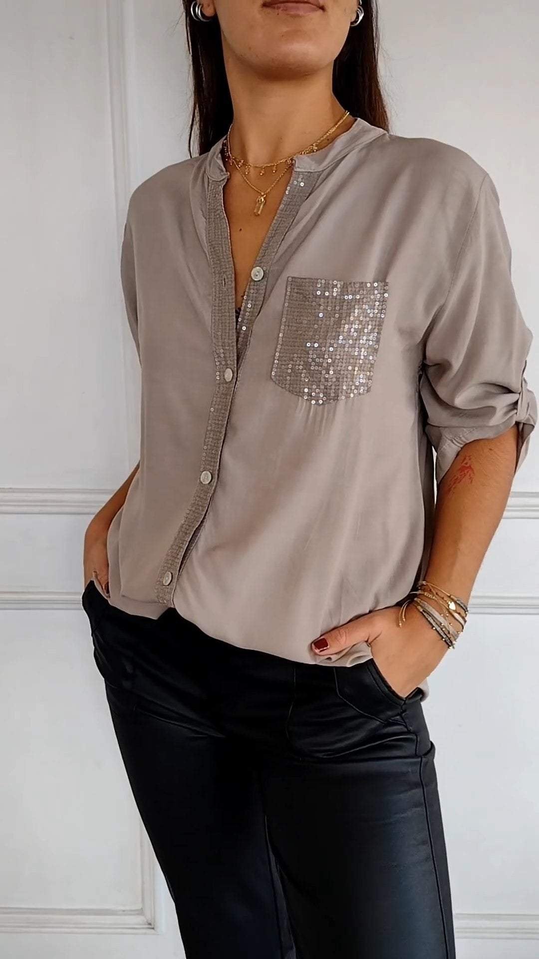 Elegant Women's Sequin Button-Down Shirt