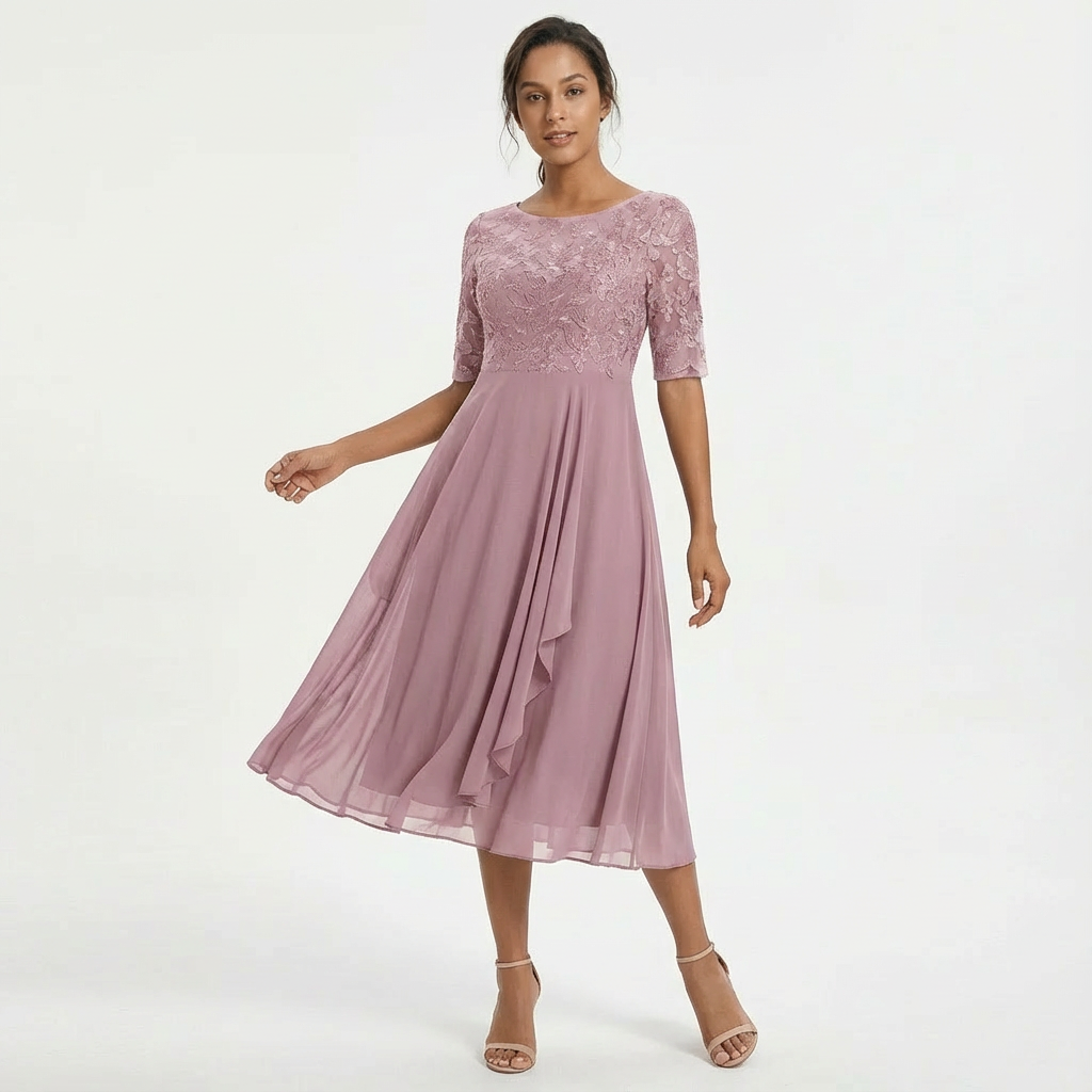 Robe Midi Dentelle Femme Manches Mi-Longues Cérémonie
