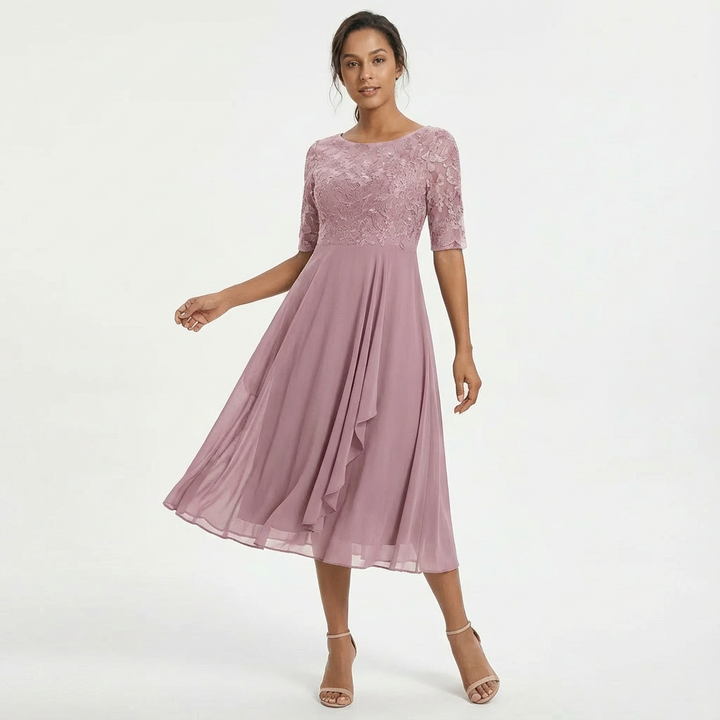 Robe Midi Dentelle Femme Manches Mi-Longues Cérémonie