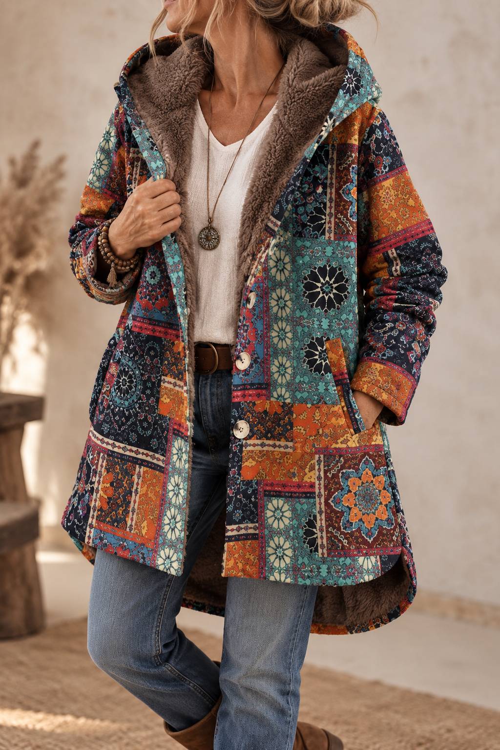 Manteau Bohème Femme Doublure Fausse Fourrure