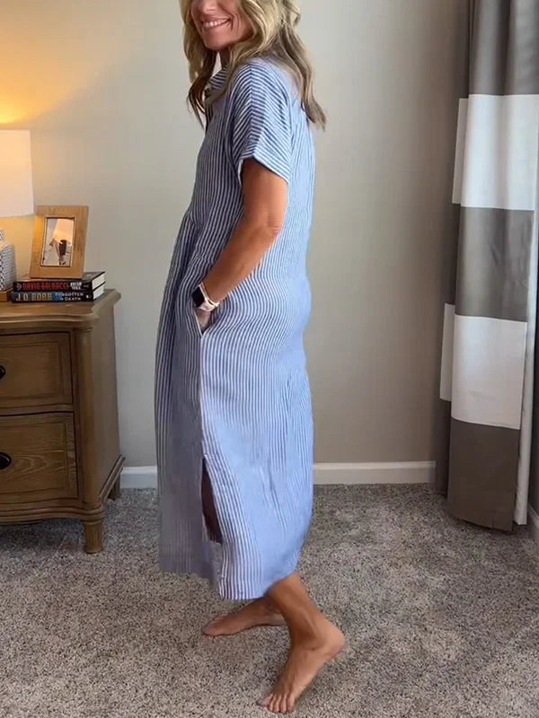 Robe Midi Chemise Rayée Femme Coupe Fluide