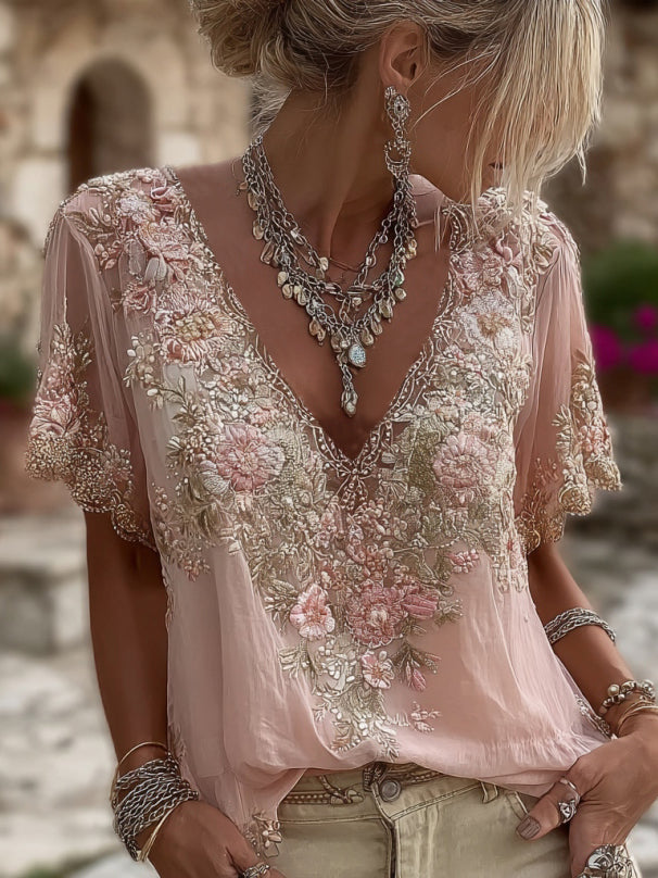 Bohemian Women's Blouse with Floral Embroidery