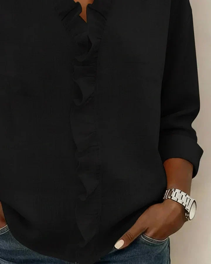 Women's V-neck blouse with ruffles and long sleeves