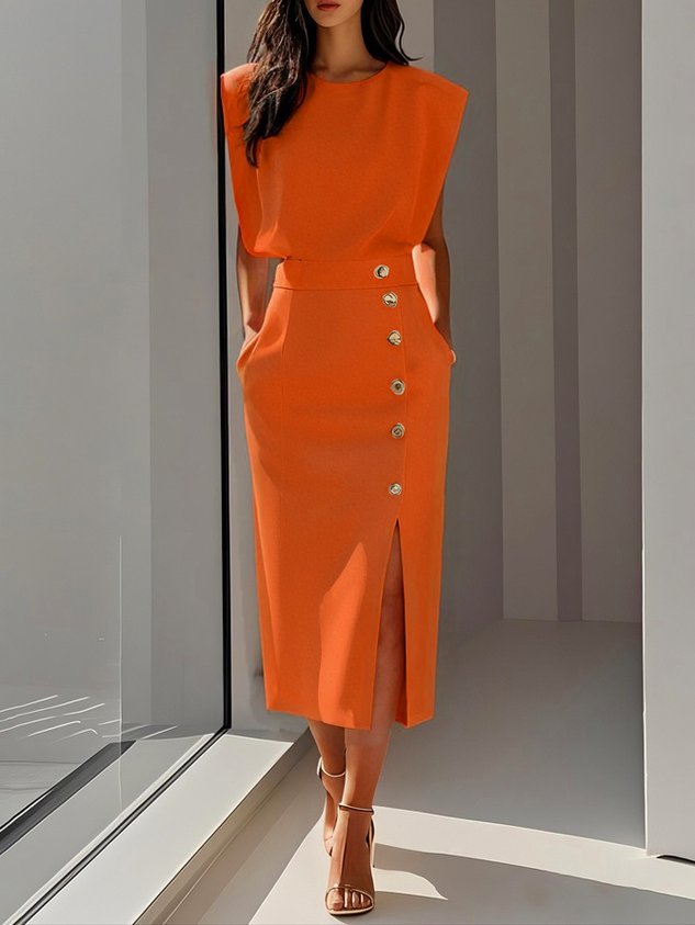 Robe Midi Femme Sans Manches Boutons Décoratifs