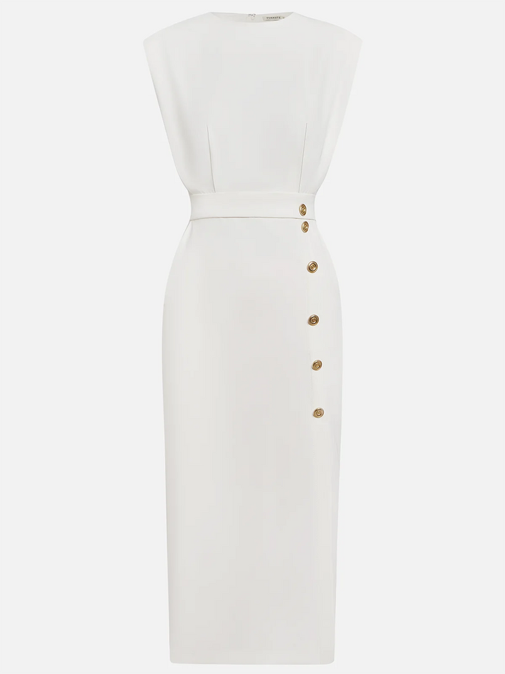 Robe Midi Femme Sans Manches Boutons Décoratifs