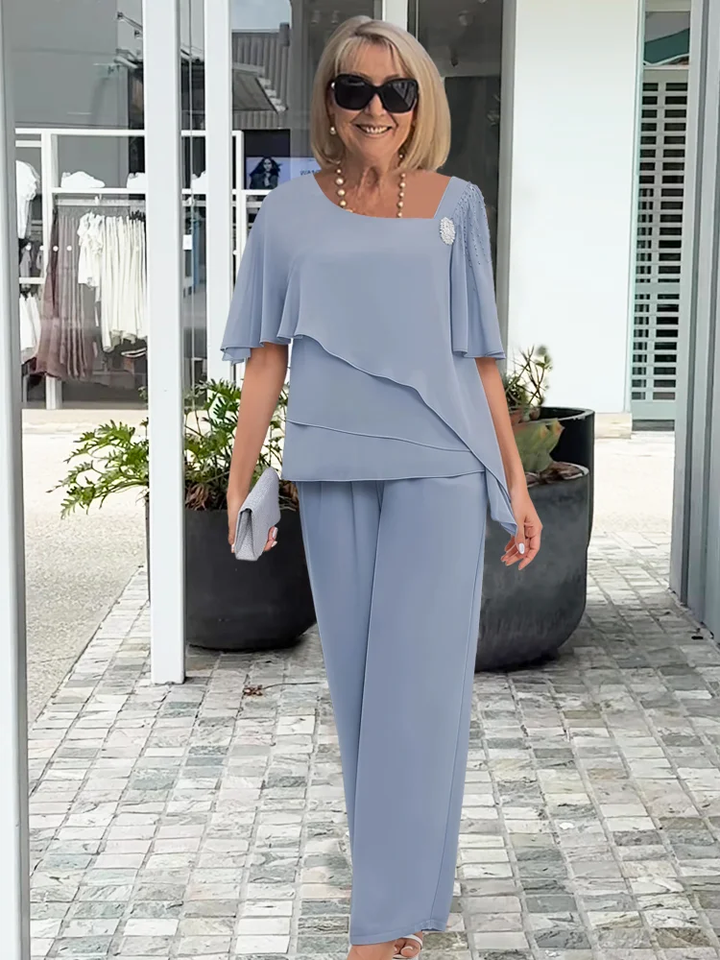 Ensemble Pantalon Femme Top Asymétrique Superposé