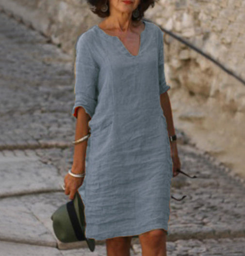 Robe Midi Femme Col V Manches 3/4
