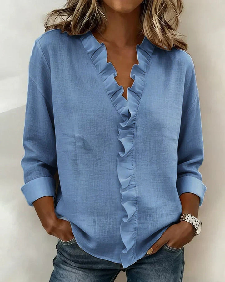 Women's V-neck blouse with ruffles and long sleeves