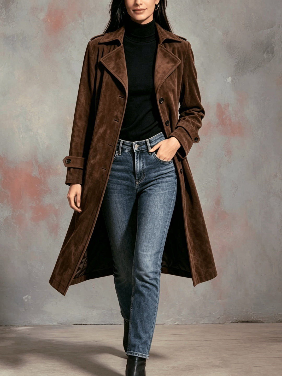 Gabardina larga para mujer de ante de inspiración vintage