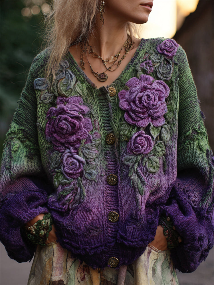 Cardigan en Maille Pour Femme à Broderies Florales en Relief