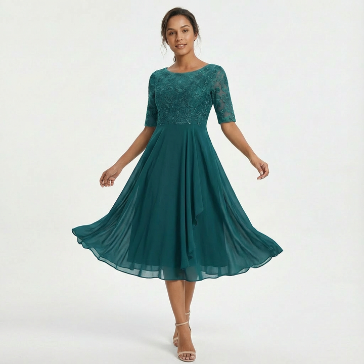 Robe Midi Dentelle Femme Manches Mi-Longues Cérémonie