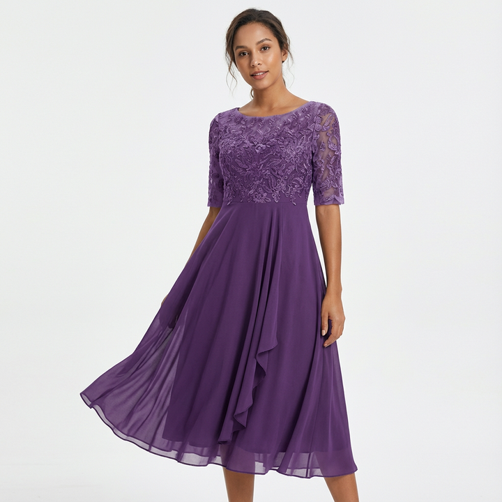 Robe Midi Dentelle Femme Manches Mi-Longues Cérémonie