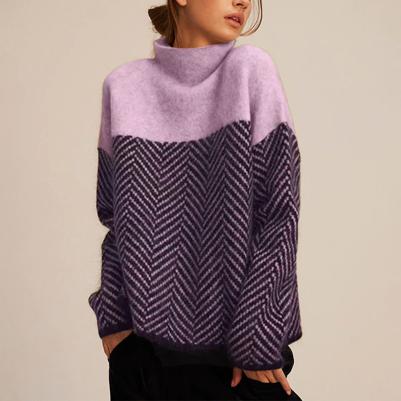 Women's Chevron Pattern and Color-Block Turtleneck Knit Sweater