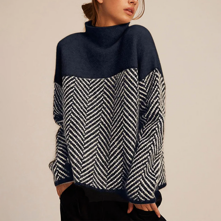 Women's Chevron Pattern and Color-Block Turtleneck Knit Sweater
