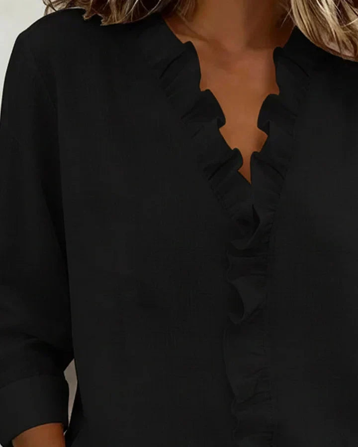 Women's V-neck blouse with ruffles and long sleeves