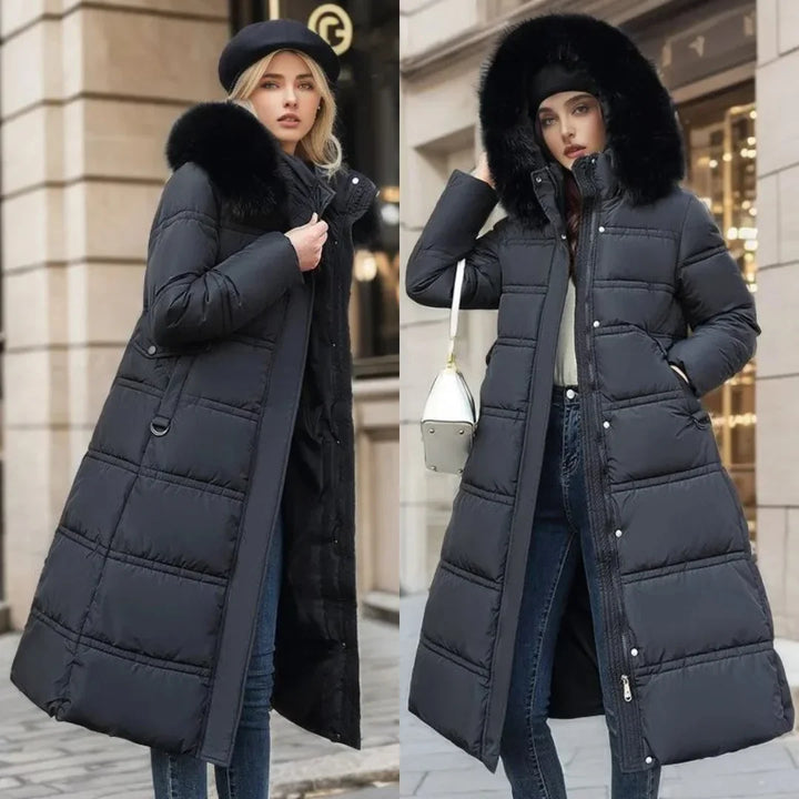 Parka comprida de senhora com capuz e gola de pelo sintético