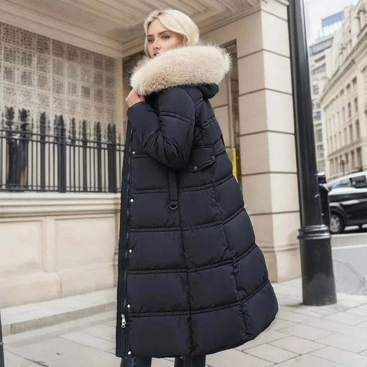 Parka comprida de senhora com capuz e gola de pelo sintético
