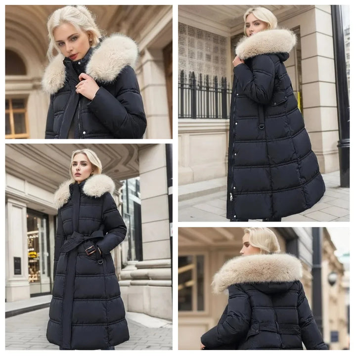 Parka comprida de senhora com capuz e gola de pelo sintético