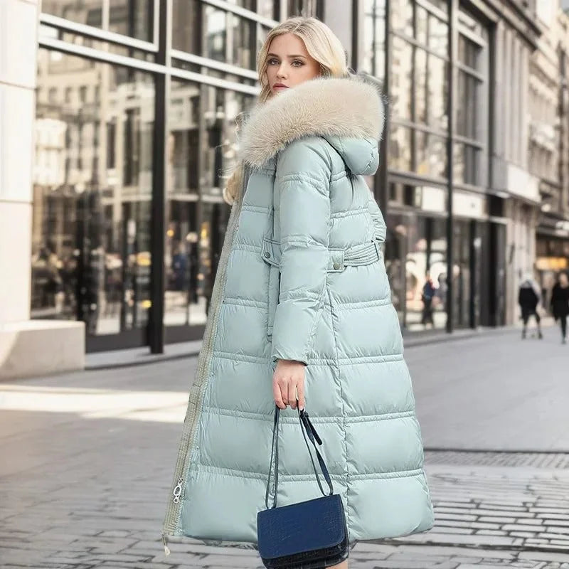 Parka comprida de senhora com capuz e gola de pelo sintético