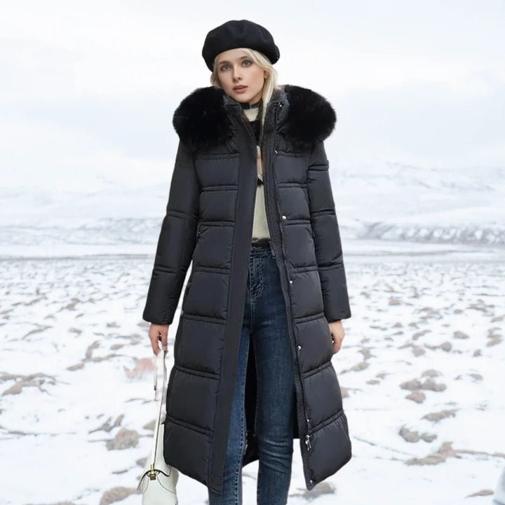 Parka comprida de senhora com capuz e gola de pelo sintético