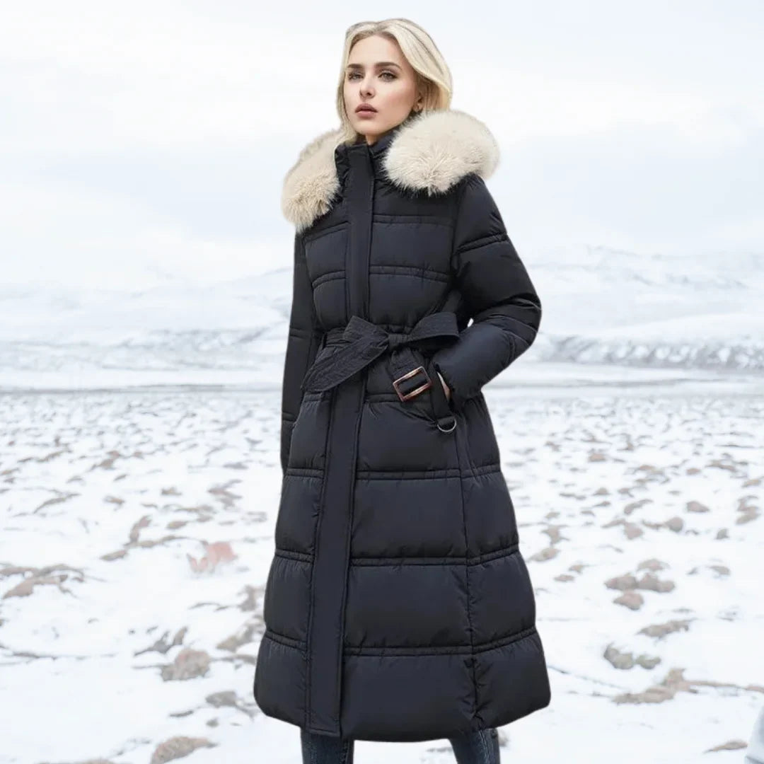 Parka comprida de senhora com capuz e gola de pelo sintético
