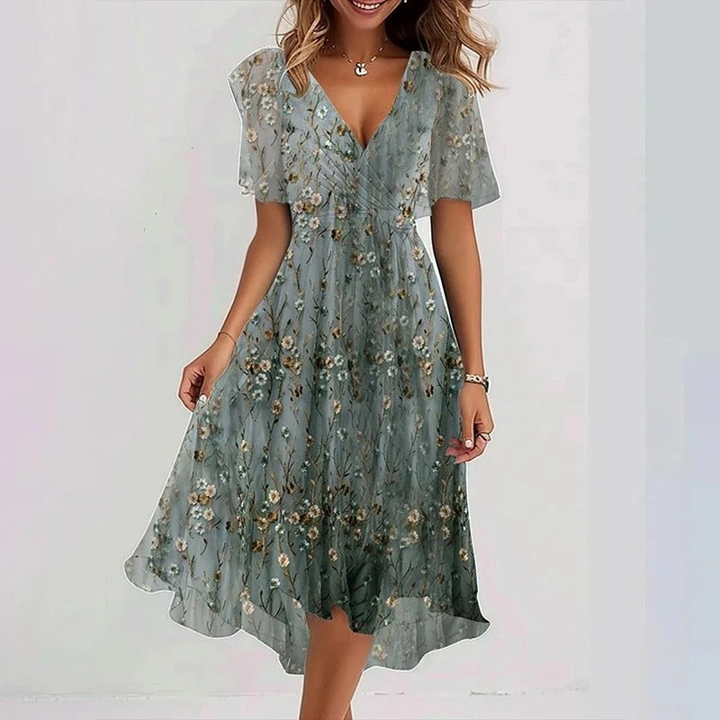 Robe Midi Fleurie à Col en V et Taille Cintrée Pour Femme