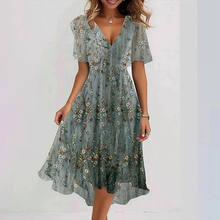Robe Midi Fleurie à Col en V et Taille Cintrée Pour Femme