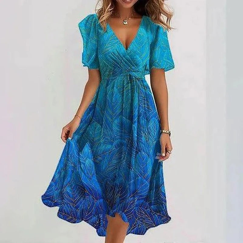 Robe Midi Fleurie à Col en V et Taille Cintrée Pour Femme