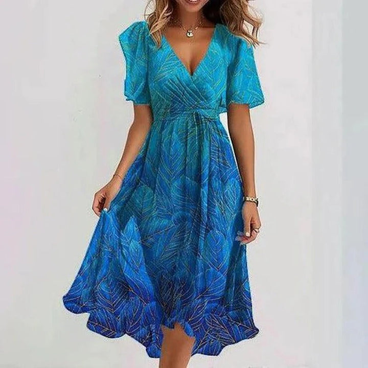 Robe Midi Fleurie à Col en V et Taille Cintrée Pour Femme