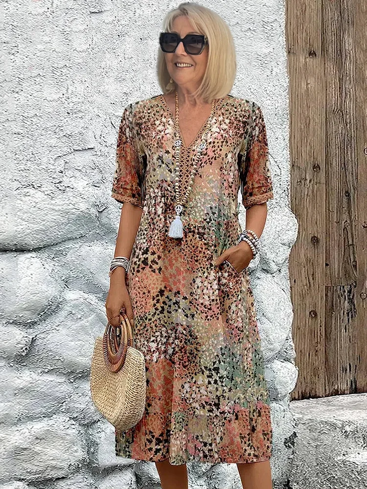 Robe Midi Imprimée Femme Bohème Col V